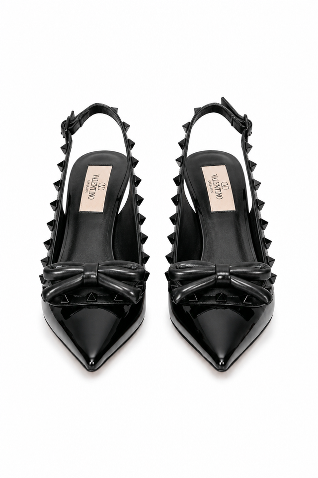 Valentino Garavani Rockstud Patent Leather Slingback Pumps with Bow
