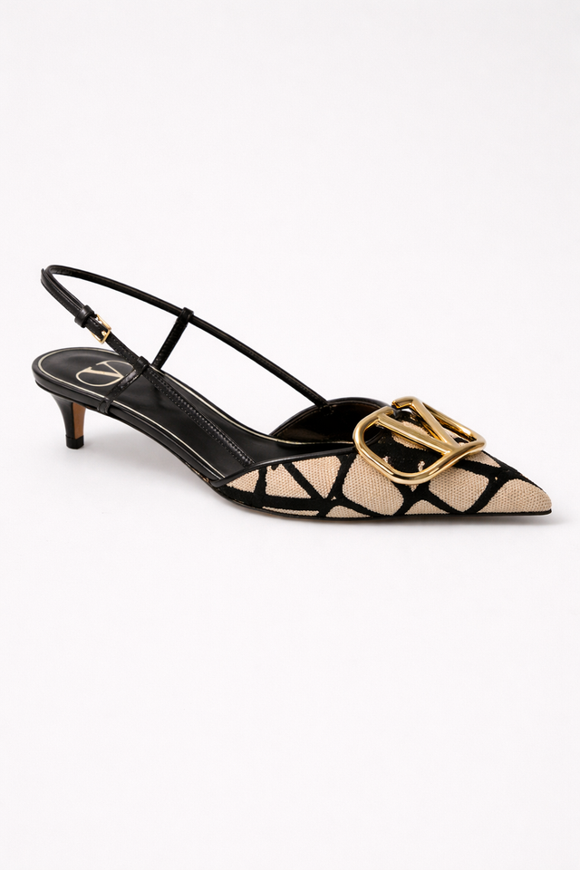 Valentino Garavani VLogo Toile Slingback Pumps – Black/Beige