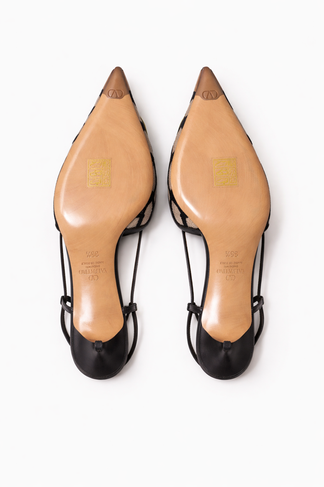Valentino Garavani VLogo Toile Slingback Pumps – Black/Beige