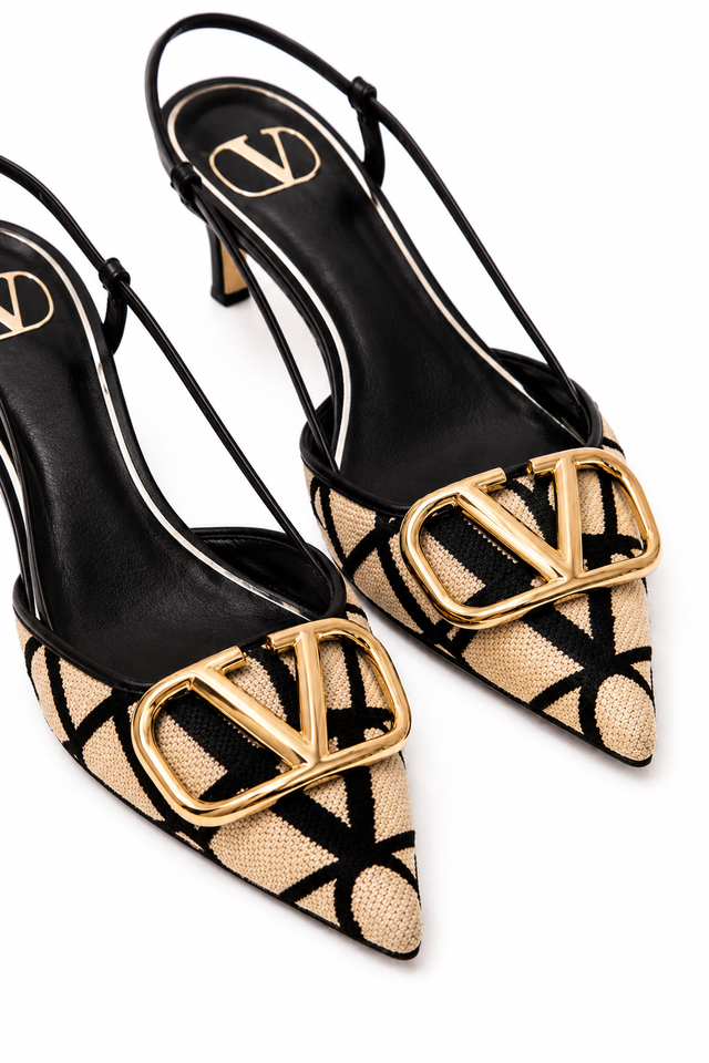 Valentino Garavani VLogo Toile Slingback Pumps – Black/Beige