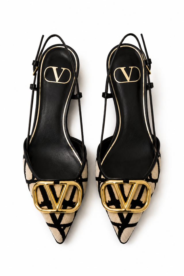Valentino Garavani VLogo Toile Slingback Pumps – Black/Beige