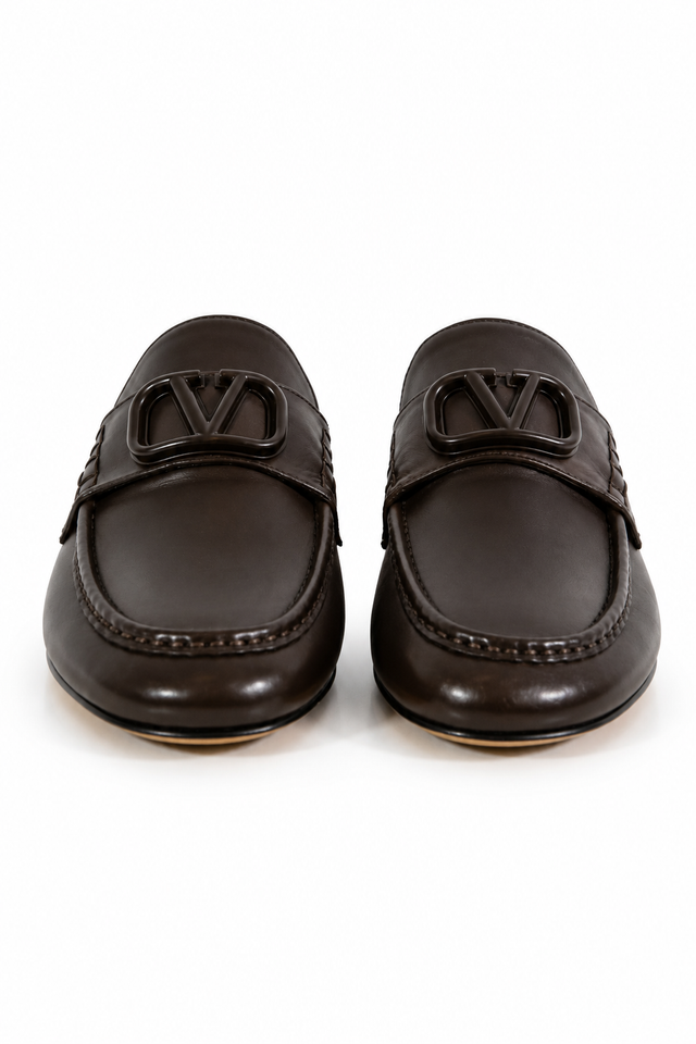 Valentino Garavani VLogo Leather Mule Loafers in Dark Brown