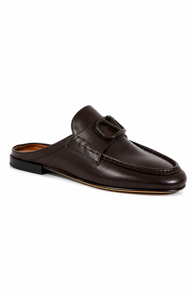 Valentino Garavani VLogo Leather Mule Loafers in Dark Brown
