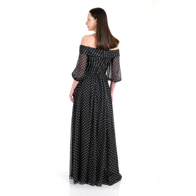 Mikael Aghal Polka Dot Off-Shoulder Gown