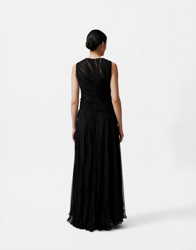 Valentino Black Ruched Sleeveless Tulle Evening Gown