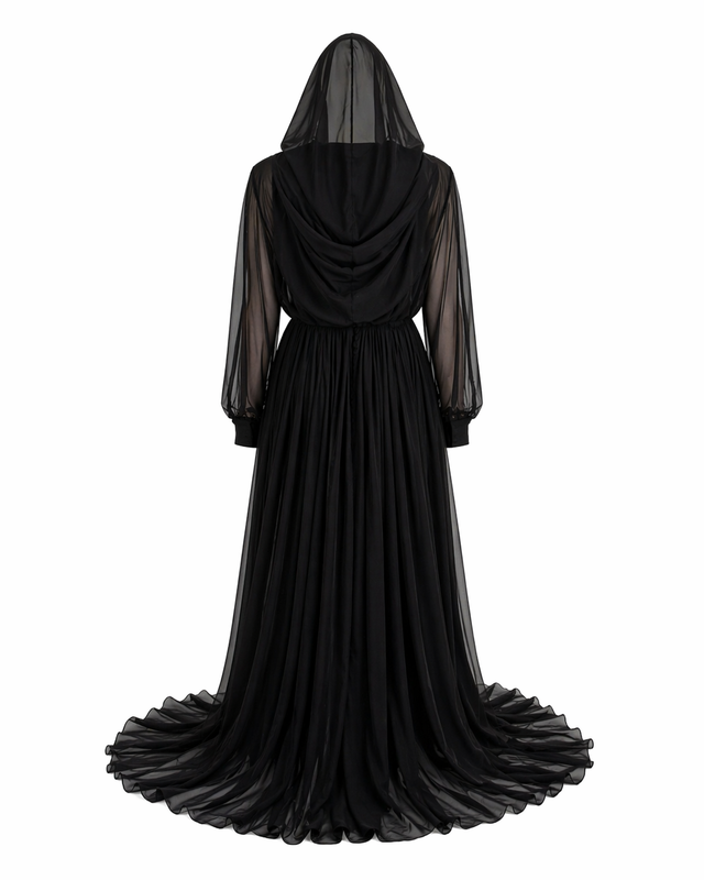 Valentino Sheer Chiffon Hooded Gown with Pleated Skirt in Black