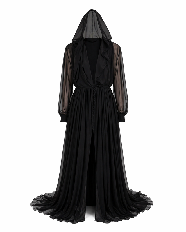 Valentino Sheer Chiffon Hooded Gown with Pleated Skirt in Black