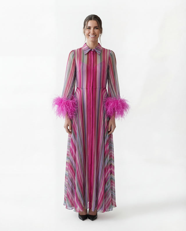 Valentino Pink Multicolor Striped Silk Dress with Feather Cuffs