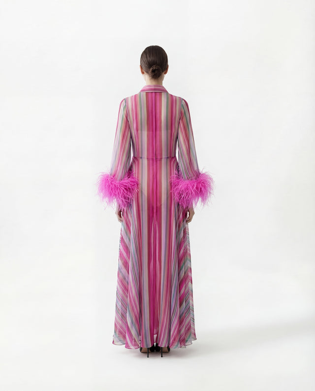 Valentino Pink Multicolor Striped Silk Dress with Feather Cuffs