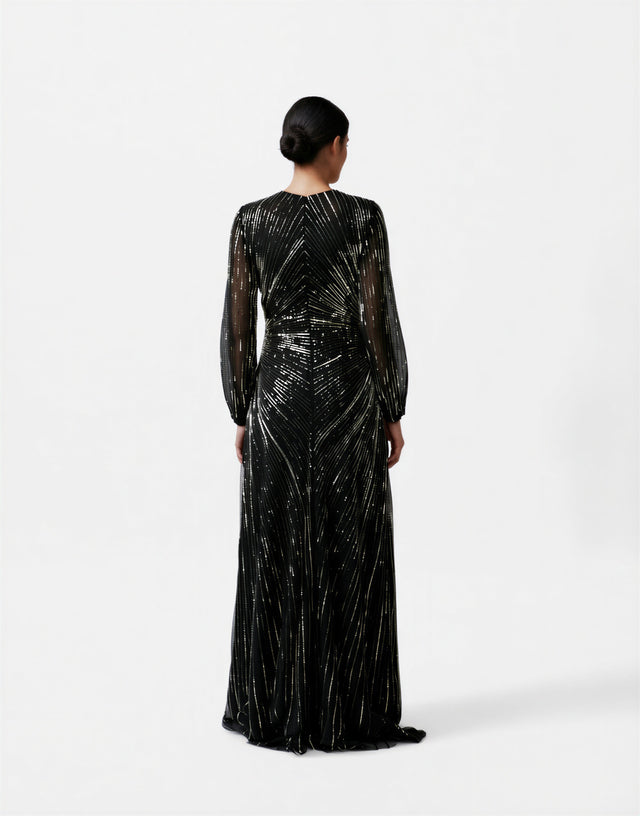 Valentino Black Metallic Beaded Long-Sleeve Evening Gown