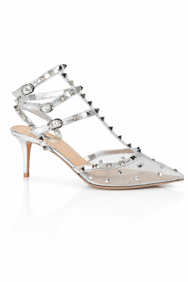 Valentino Garavani Rockstud Embellished Mesh Slingback Pumps in Silver