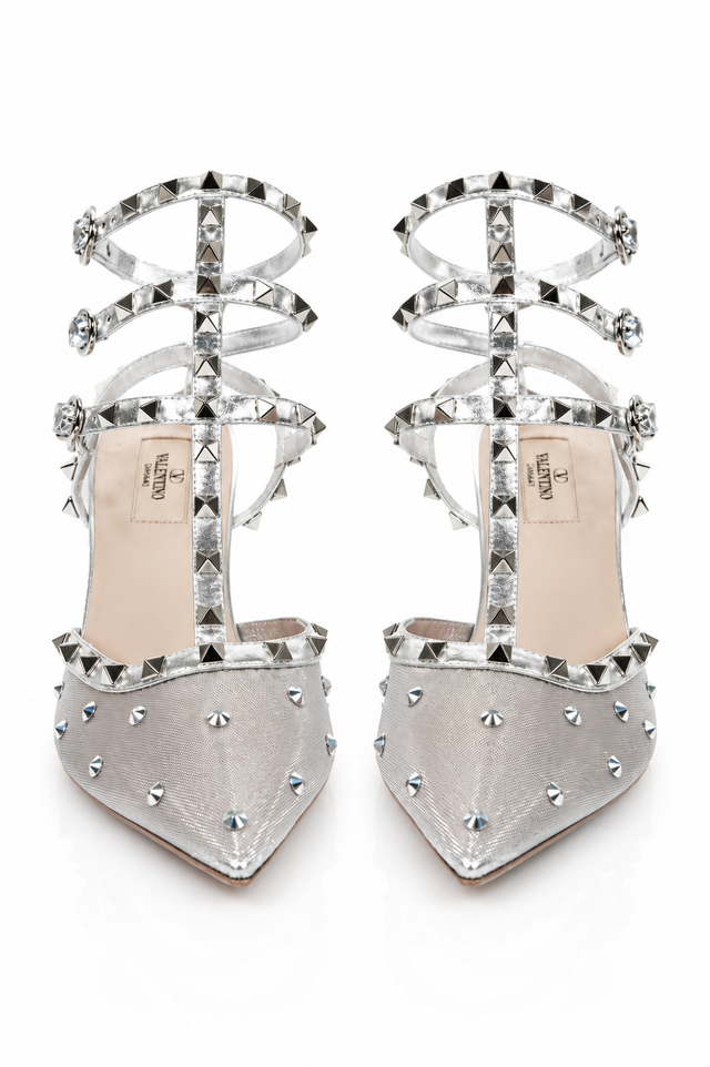 Valentino Garavani Rockstud Embellished Mesh Slingback Pumps in Silver