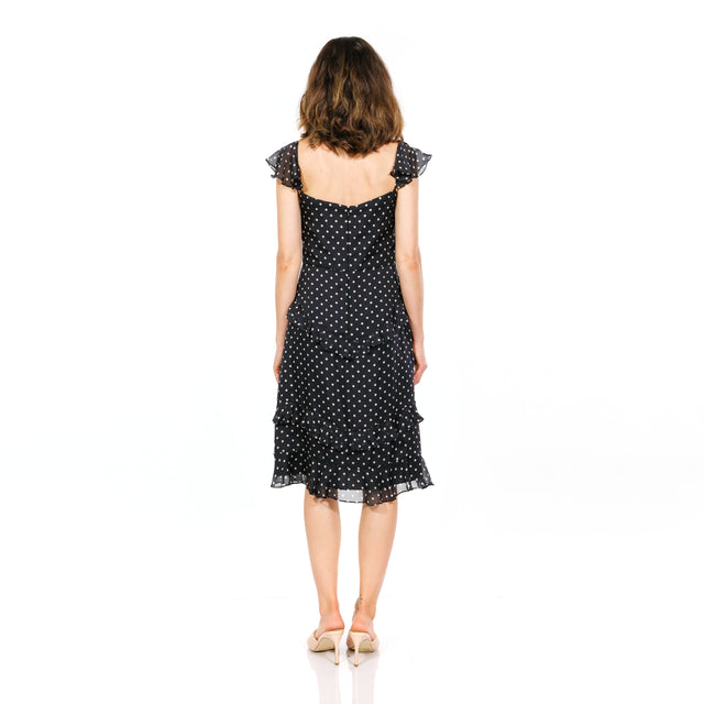 Mikael Aghal Classic Polka-Dot Ruffle Midi Dress with Lace Trim