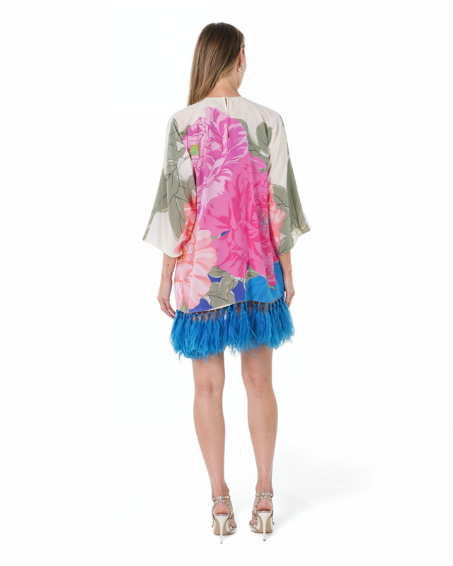 Valentino Multicolor Floral Feather Trim Mini Dress