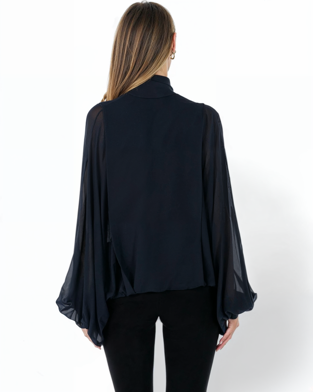 Valentino Navy Sheer Bow Blouse with Balloon Sleeves