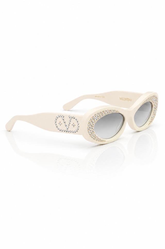 Valentino Garavani Crystal-Embellished Oval Sunglasses in Ivory