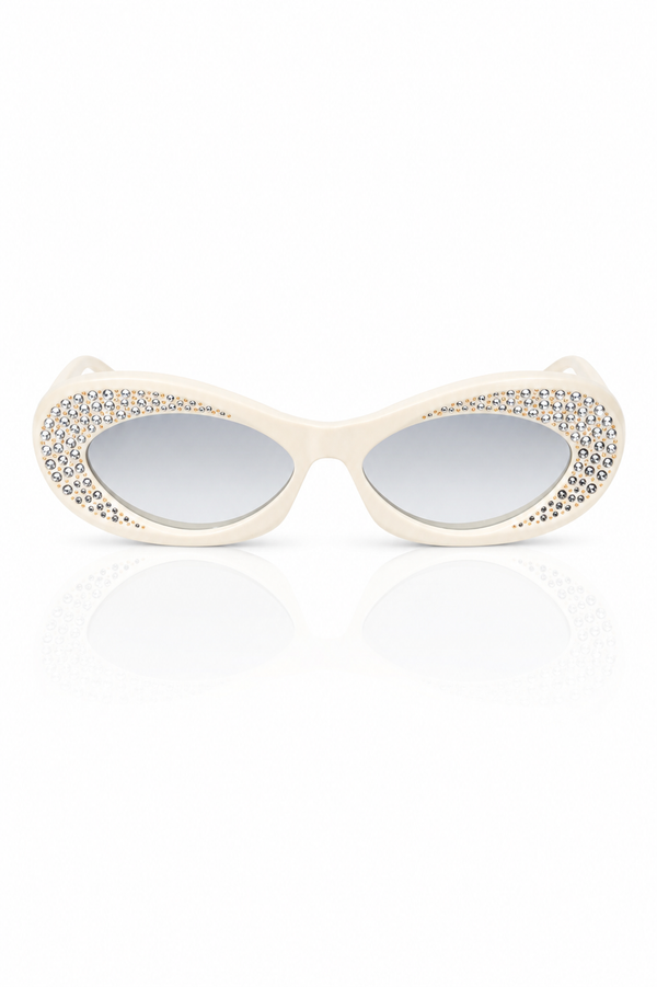 Valentino Garavani crystal-embellished oval sunglasses in ivory with mirrored lenses
