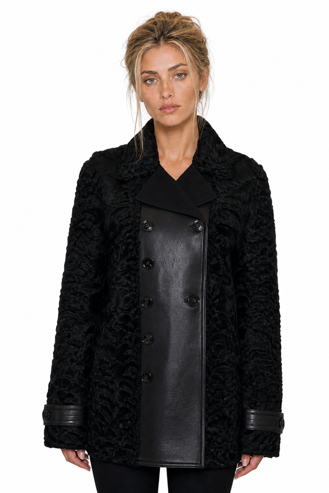 Valentino Double-Breasted Leather-Trimmed Persian Lamb Shearling Coat in Jet Black