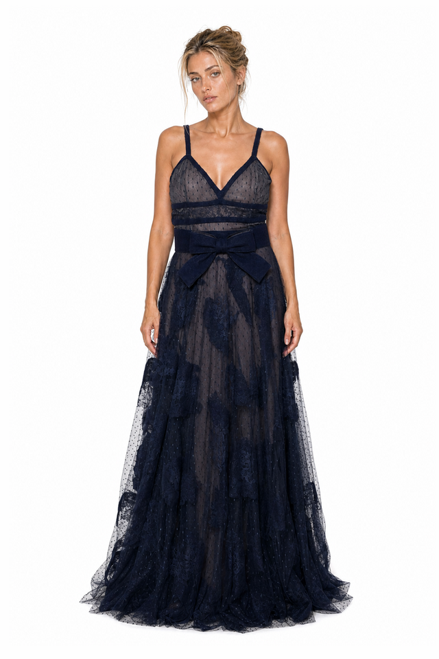 Valentino Women's Velvet Bow Lace & Swiss-Dot Tulle Evening Gown in Midnight Navy