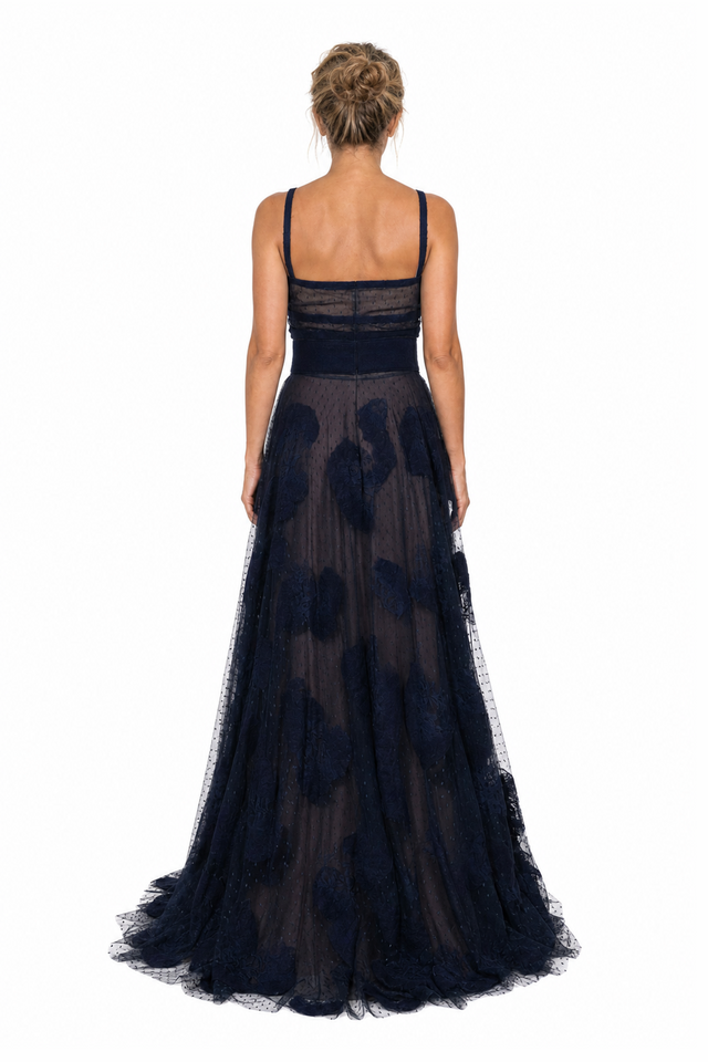 Valentino Women's Velvet Bow Lace & Swiss-Dot Tulle Evening Gown in Midnight Navy