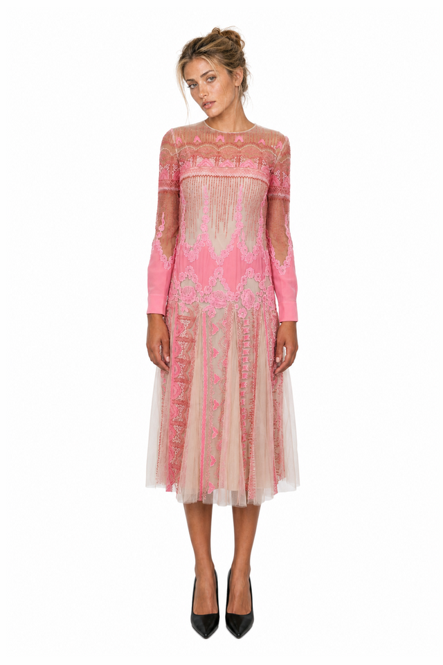 Valentino Embroidered Tulle & Silk Lace Midi Dress in Rose Pink & Beige