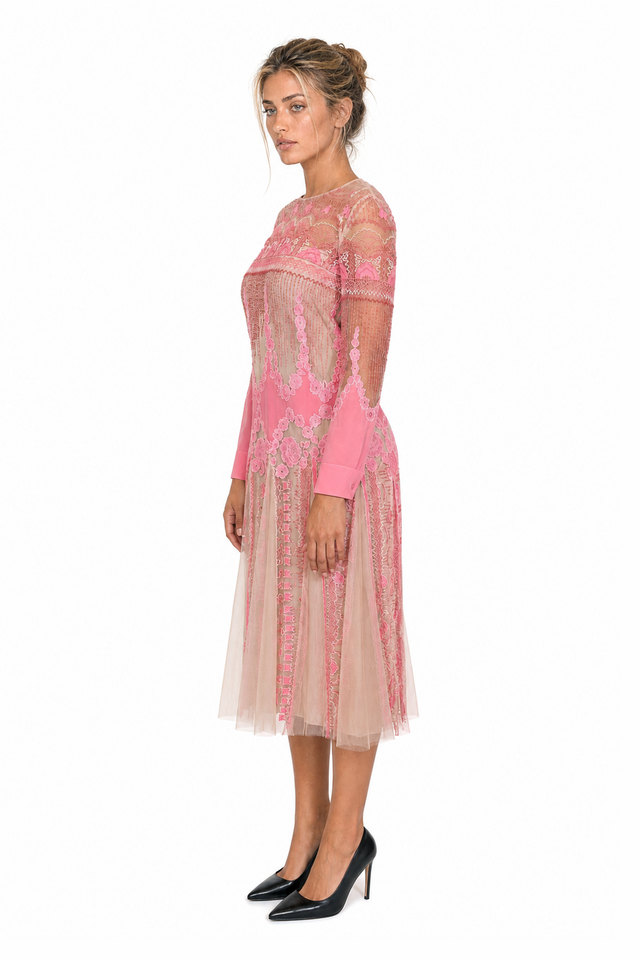 Valentino Embroidered Tulle & Silk Lace Midi Dress in Rose Pink & Beige