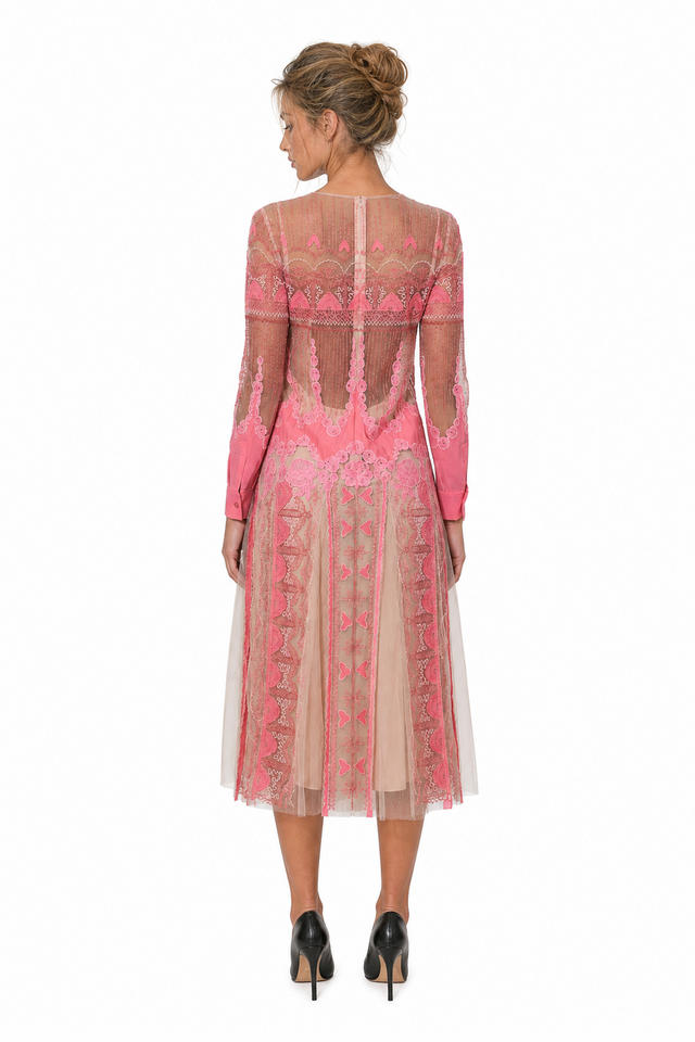 Valentino Embroidered Tulle & Silk Lace Midi Dress in Rose Pink & Beige