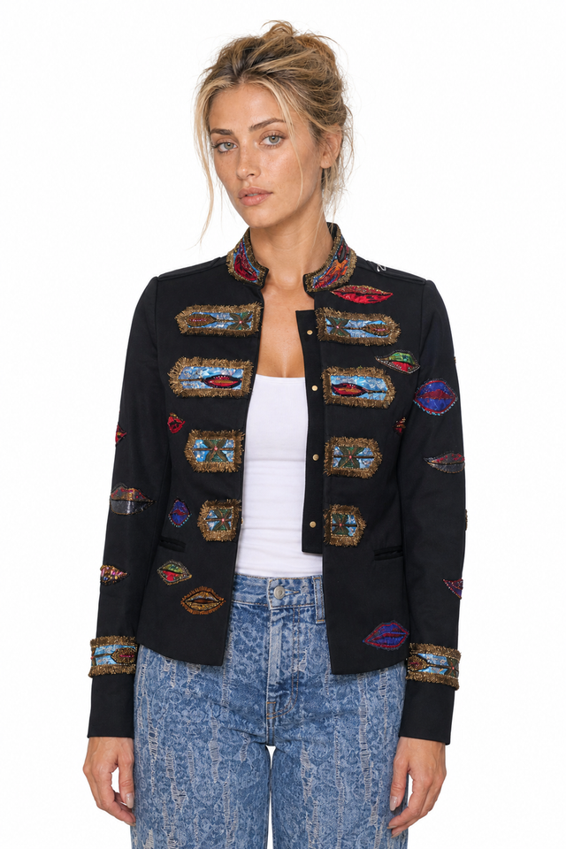 Valentino Women's Lip Embroidered Military Jacket in Black