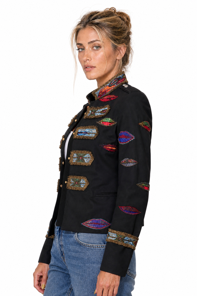 Valentino Women's Lip Embroidered Military Jacket in Black