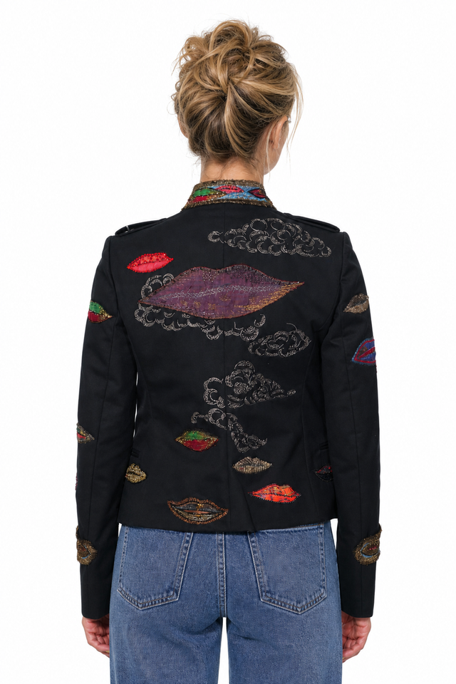 Valentino Women's Lip Embroidered Military Jacket in Black