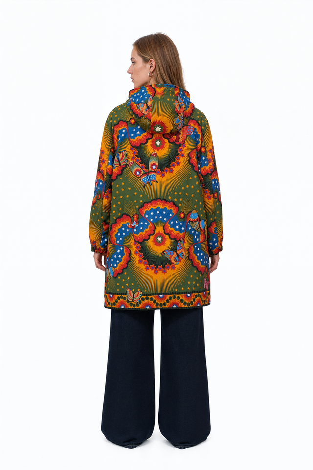Back view of a Valentino multicolour sunburst print hooded parka
