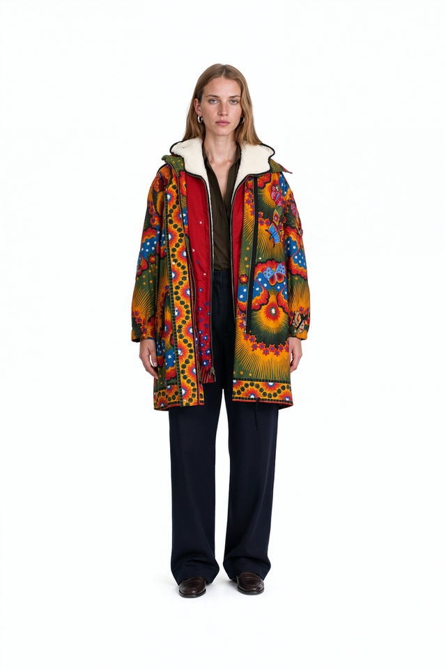 Valentino multicolour printed hooded parka with ivory shearling collar – front view