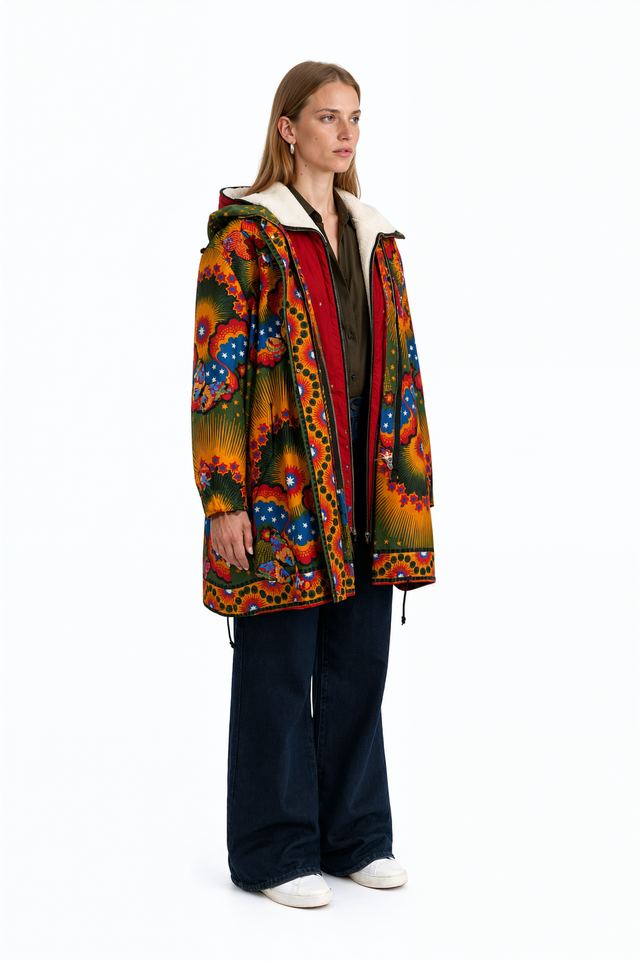 Side view of a Valentino printed hooded parka with shearling-lined hood