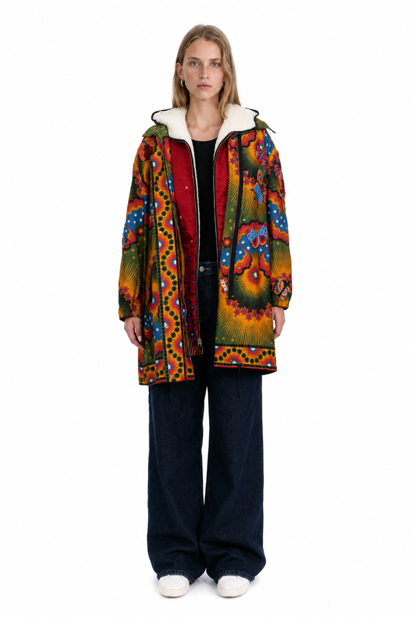 Valentino Printed Hooded Parka – Multicolour Shearling Collar Coat