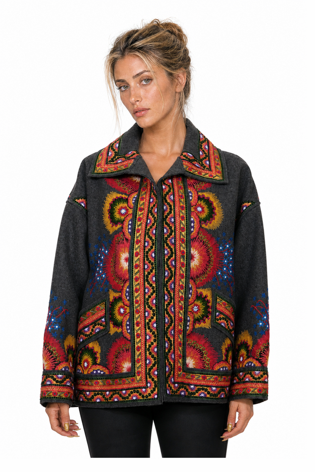 Valentino Embroidered Wool Jacket in Charcoal with Multicolor Floral Motif