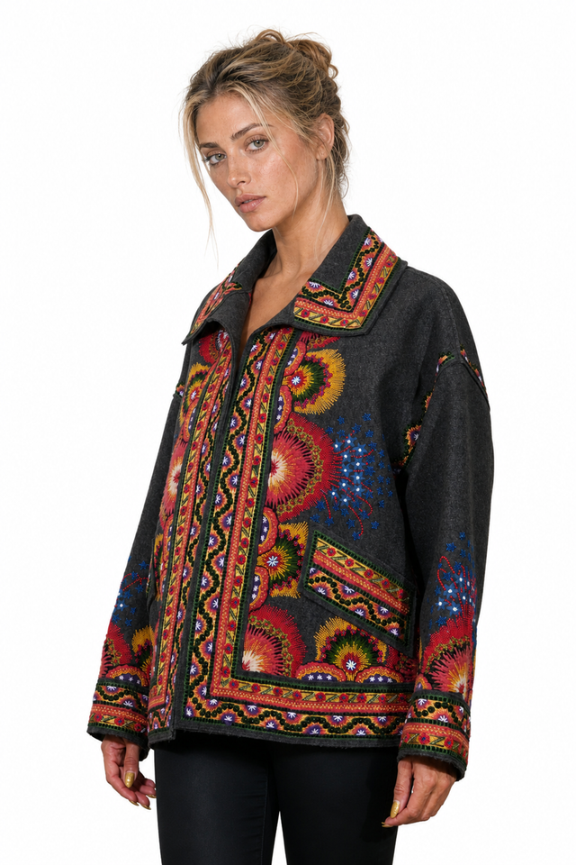 Valentino Embroidered Wool Jacket in Charcoal with Multicolor Floral Motif