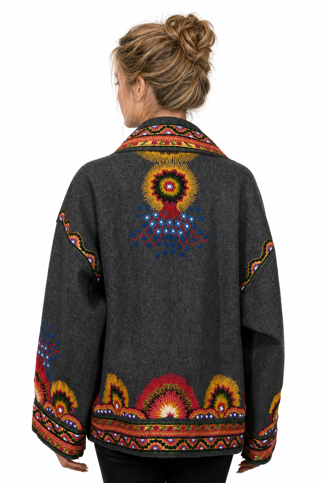 Valentino Embroidered Wool Jacket in Charcoal with Multicolor Floral Motif