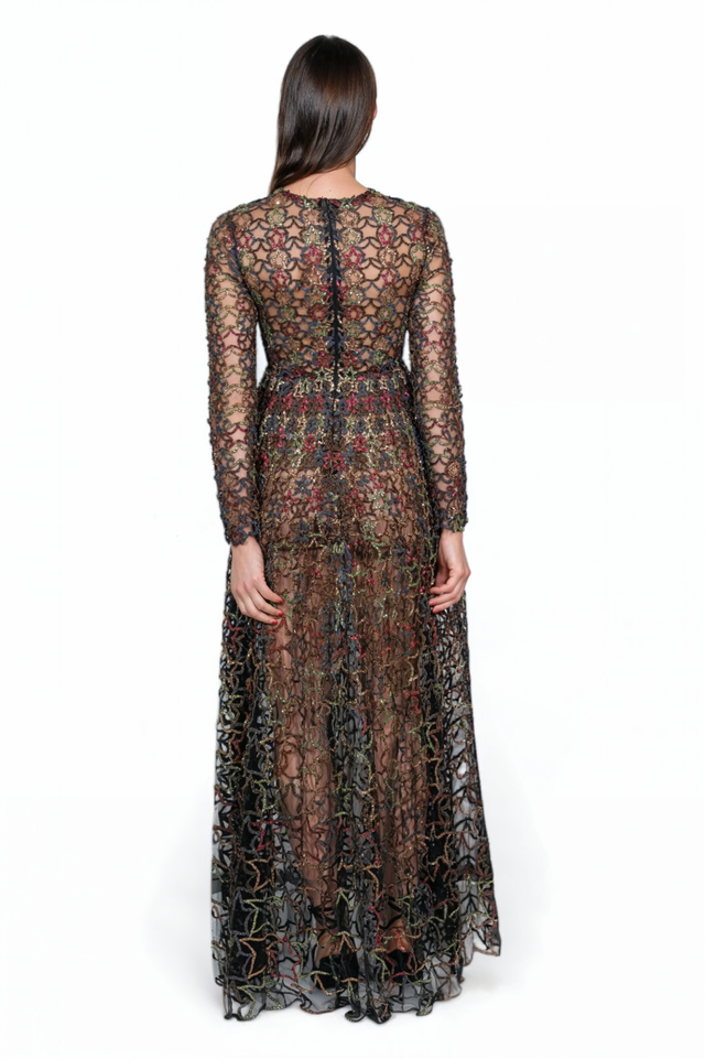 Valentino Multicolor Embroidered Sheer Long-Sleeve Gown