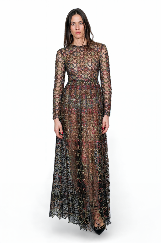 Valentino Multicolor Embroidered Sheer Long-Sleeve Gown