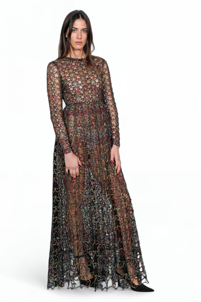 Valentino Multicolor Embroidered Sheer Long-Sleeve Gown