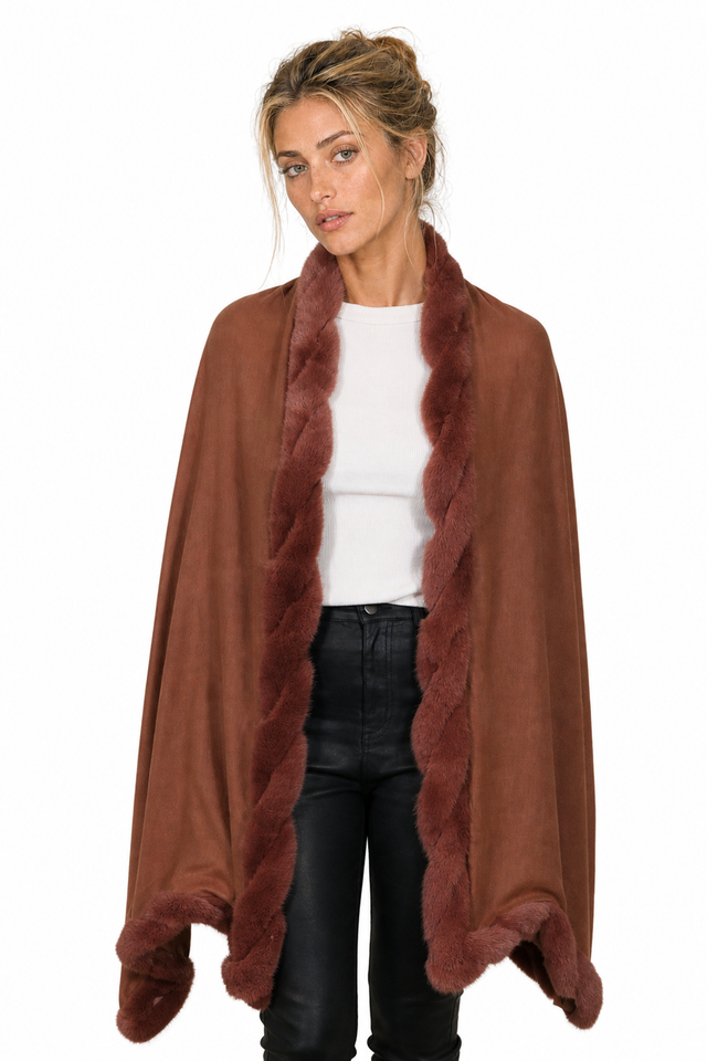 Valentino Fur-Trimmed Braided Leather Cape Wrap in Chestnut Brown