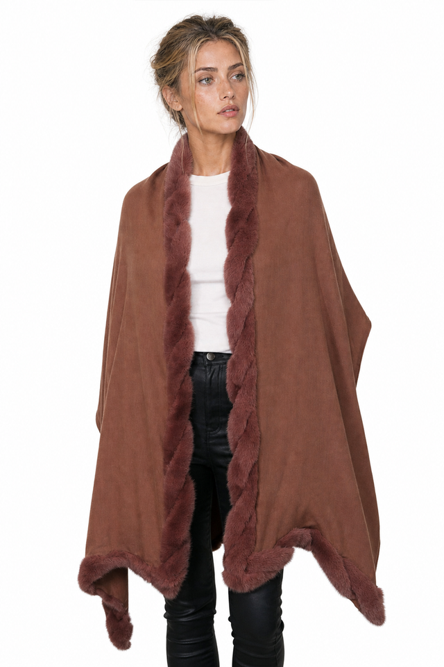Valentino Fur-Trimmed Braided Leather Cape Wrap in Chestnut Brown