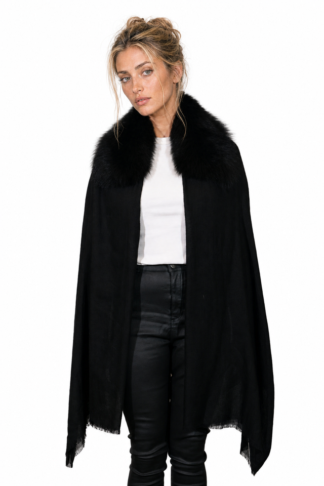 Valentino colorblocked cashmere wool cape wrap with mink fur collar in jet black and blush pink