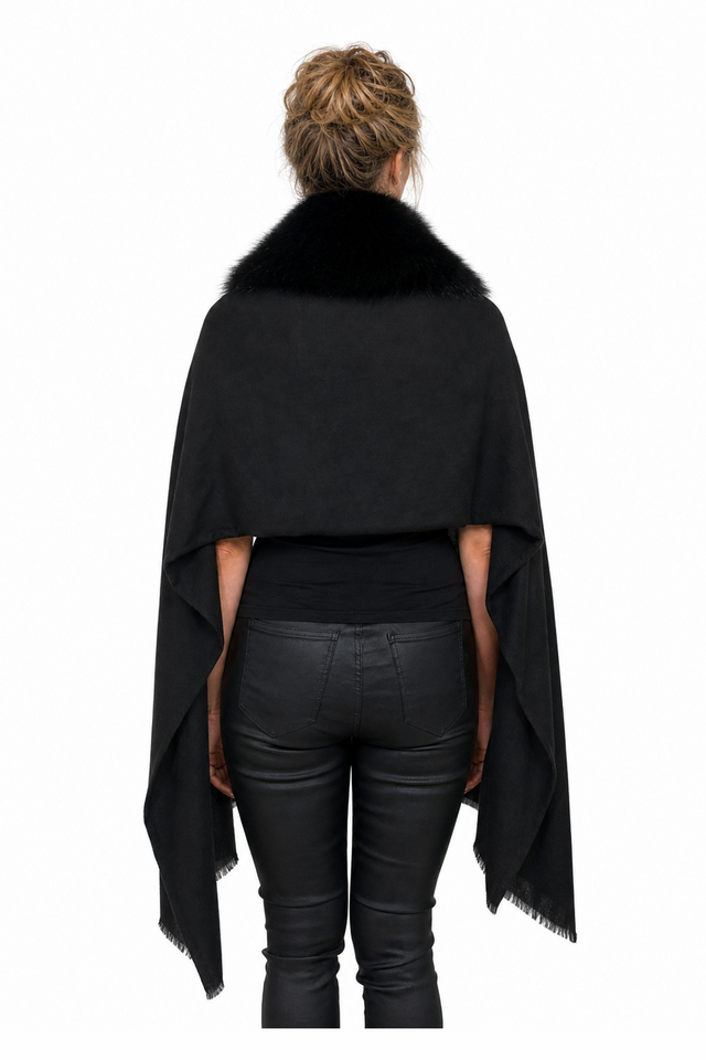 Valentino colorblocked cashmere wool cape wrap with mink fur collar in jet black and blush pink