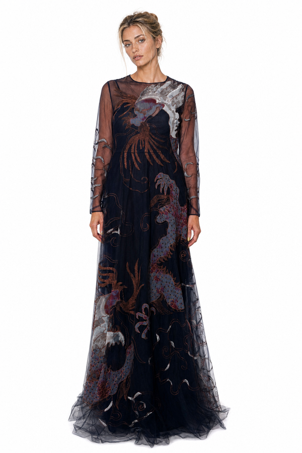 Valentino midnight navy dragon-embroidered tulle long-sleeve evening gown