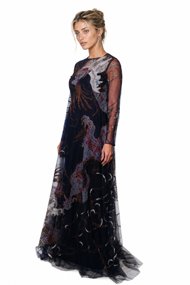 Valentino Dragon-Embroidered Tulle Long-Sleeve Evening Gown in Midnight Navy