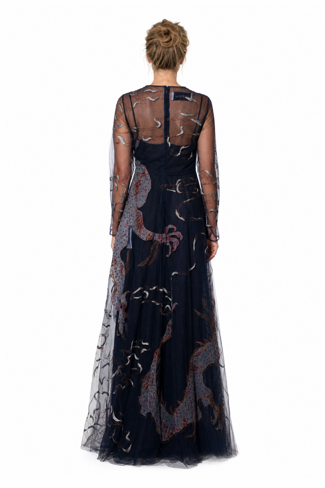 Valentino Dragon-Embroidered Tulle Long-Sleeve Evening Gown in Midnight Navy