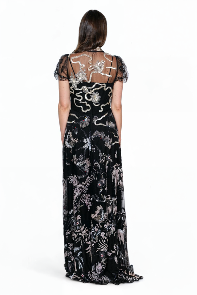 Valentino Black Embroidered Tulle Gown with Sheer Cap Sleeves