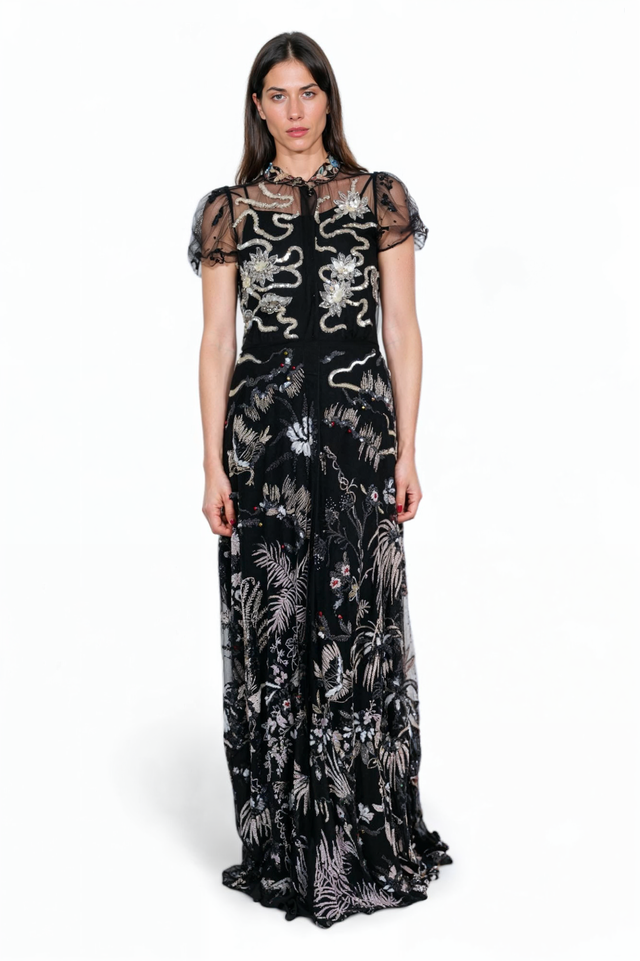 Valentino Black Embroidered Tulle Gown with Sheer Cap Sleeves