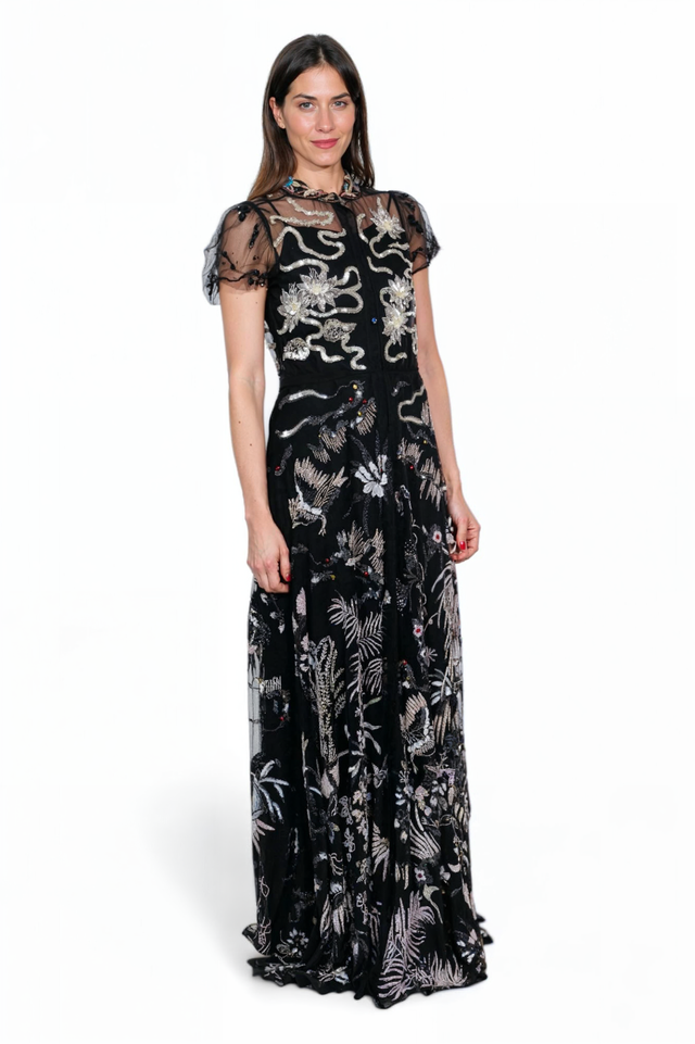 Valentino Black Embroidered Tulle Gown with Sheer Cap Sleeves